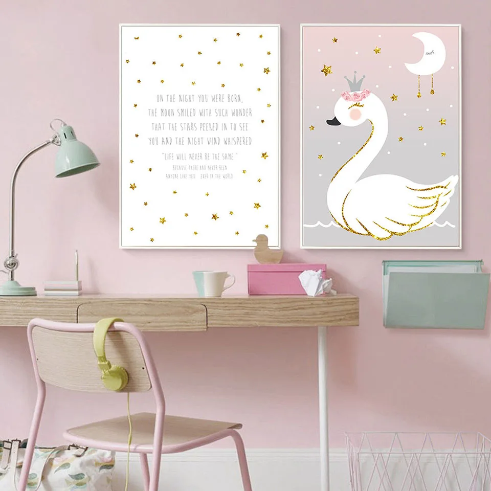 Flower-Stars-Swan-Poster-and-Print-Baby-Nursery-Wall-Art-Canvas-Painting-Cartoon-Nordic-Decoration-Picture