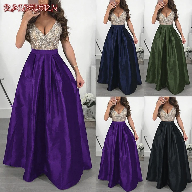 Skup RAISEVERN kobiety suknie wieczorowe bez rękawów V Neck kształtki olśniewająca linia długa, maksi sukienka pani suknia wieczorowa szata Longue Femme