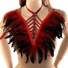 Бюстгальтер в клетку с перьями, жгут, epoulette, крылья на плечо для женщин, красные топы, фестиваль, сжигание, Хэллоуин, экзотическое белье, вечерние платья для танцев