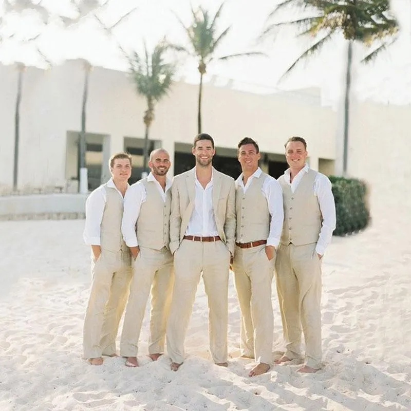 Men beige linen 2 piece groom wedding suit Summer wedding suit linen groomsmen suit Beach wedding Suit Men slim fit suit dinner suit
