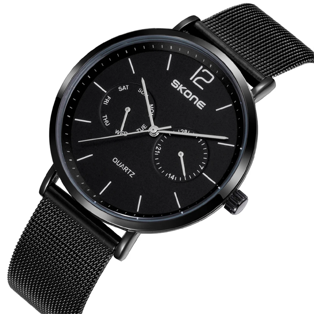 

SKONE Top Luxury Brand Full Stainless Steel Mesh Strap Business Watches Mens Quartz Date Clock Men Wrist Watch relogio masculino