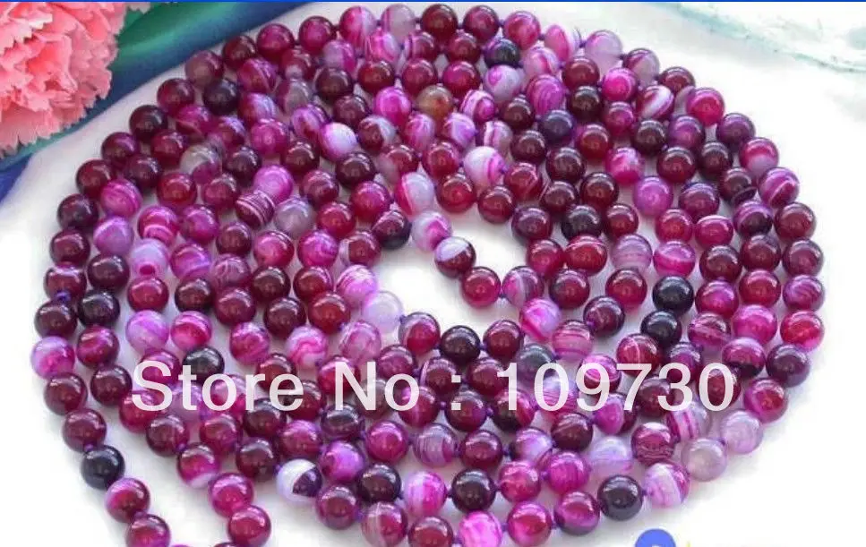 

Jewelry 001420 Long 100" 8mm round rose red agate bead necklace