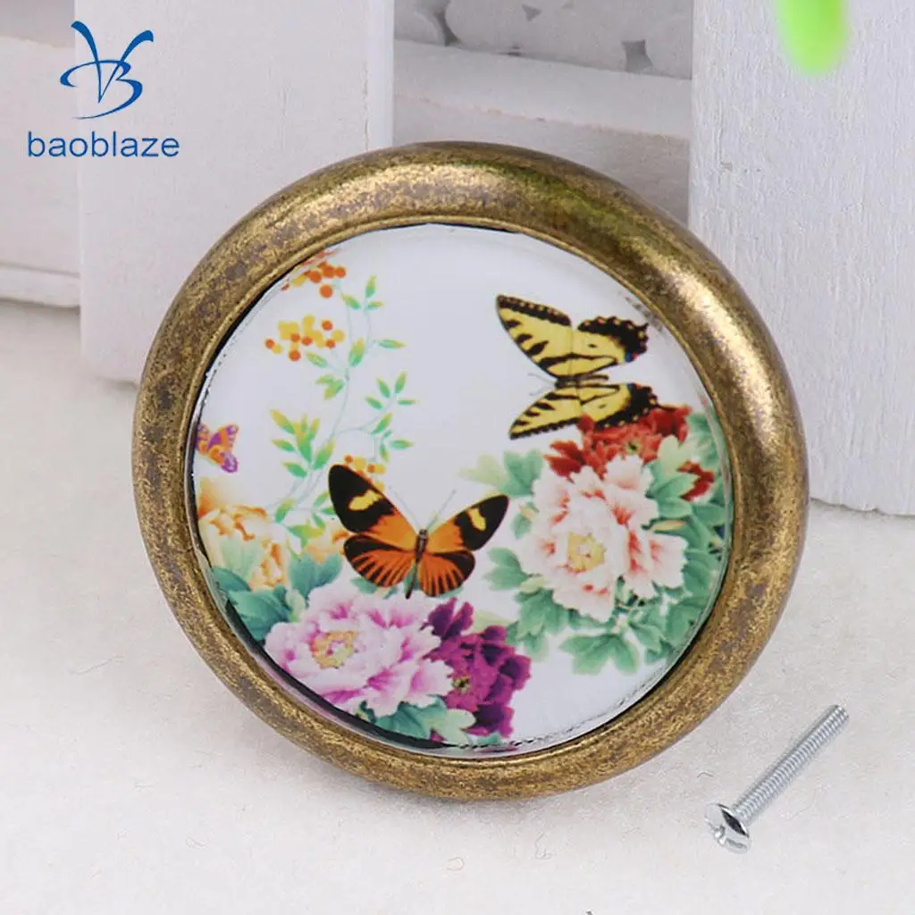 2 Pieces Antique Brass Cabinet Drawer Round Pulls Wardrobe Cabinet Door Cupboard Knob Handle Butterflies + Birds