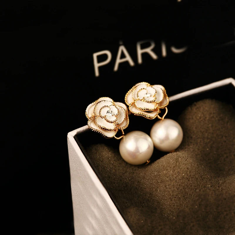 Модные ювелирные изделия Камелия Роза серьги гвоздики круглый имитация женские серьги с жемчугом уха ювелирные изделия цветок серьги для женщин