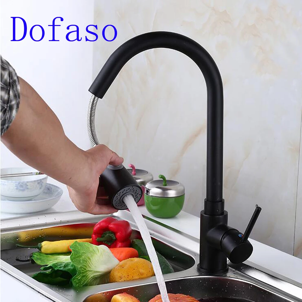 Dofaso drawing faucet single handle tap deck mounted black kitchen faucet pull down Dual Sprayer Nozzle
