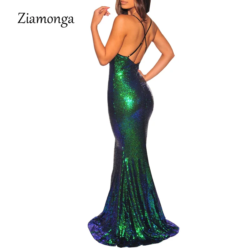 Ziamonga облегающее платье, элегантное платье с глубоким v-образным вырезом, открытая спина, вечерние Макси платья летние пикантные блесток длинное платье в стиле "Русалка" Для женщин Vestidos