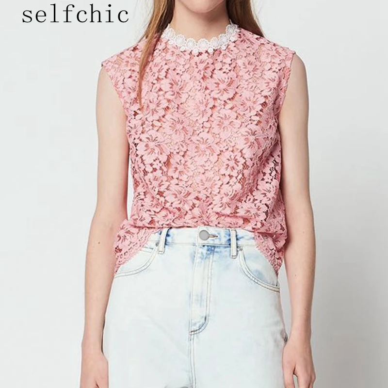 

2019 Summer Women Sleeveless Pink Lace Tops