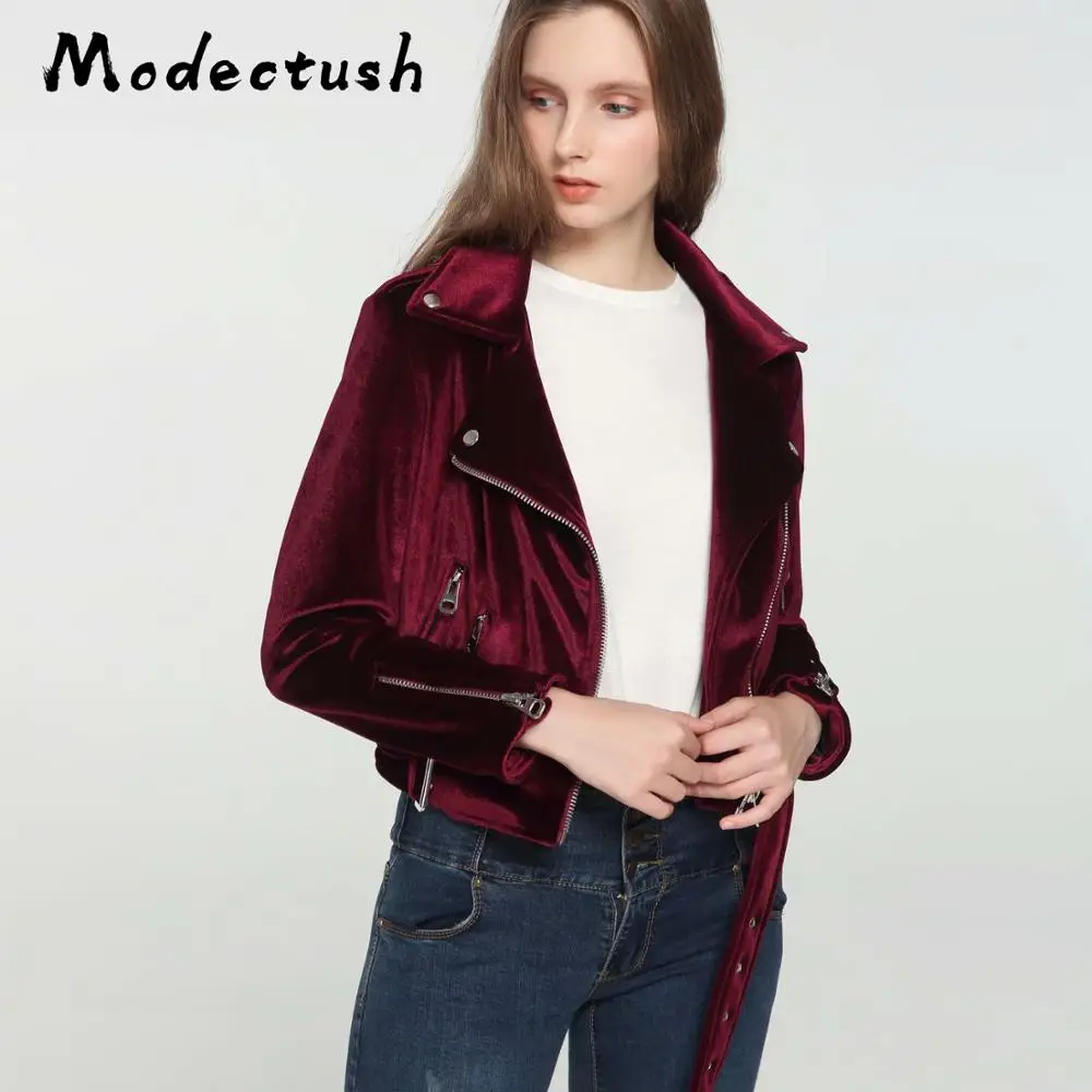 

Modecrush New Women Outerwear Wine Red Short Velvet Motorcycle Jacket 2019 Autumn Ladies Retro Vintage Zipper Jackets and Coats