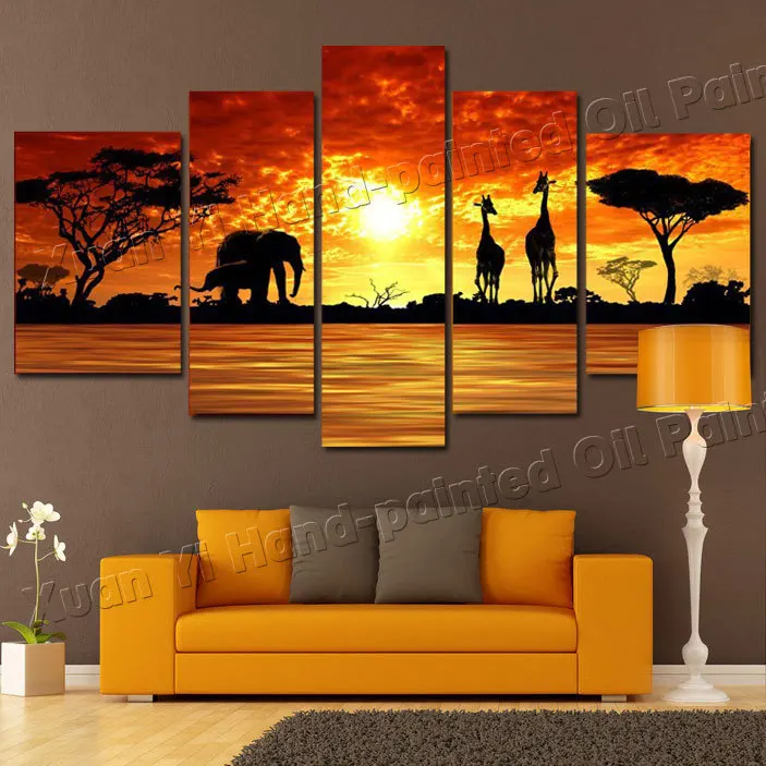 

5 Panel Modern Hand Painted African Safari Landscape Oil Painting Elephant Giraffe Scenery Picture Cuadros Canvas Unframed XY246