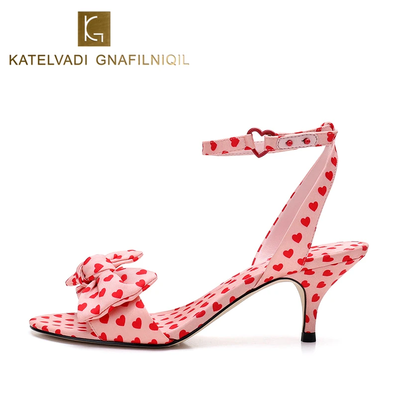 

KATELVADI Summer Sandals Ladies Shoes Women's Sandals 2019 New Sweet Pink Flock Bowtie Sandals with Red Heart Pattern K-348