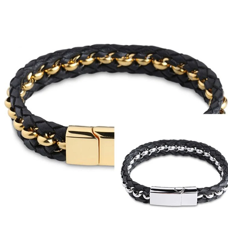 2015 Fashion New Black Genuine Leather font b Bracelet b font 316L Stainless Steel font b