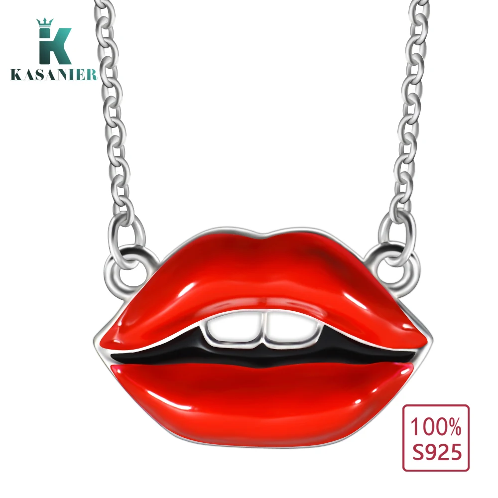 KASANIER S925 Sterling Silver Red Lips Pendant Necklace for Mom