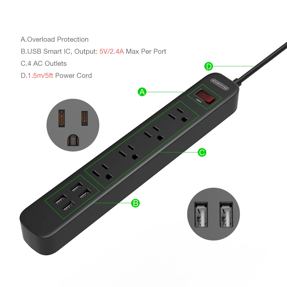 NTON power ODPC USB защита от перенапряжения, силовая лента, штепсельная вилка США 4, розетка переменного тока, 4 порта usb для зарядки с переключателем перегрузки, длинный шнур питания 1,5 м