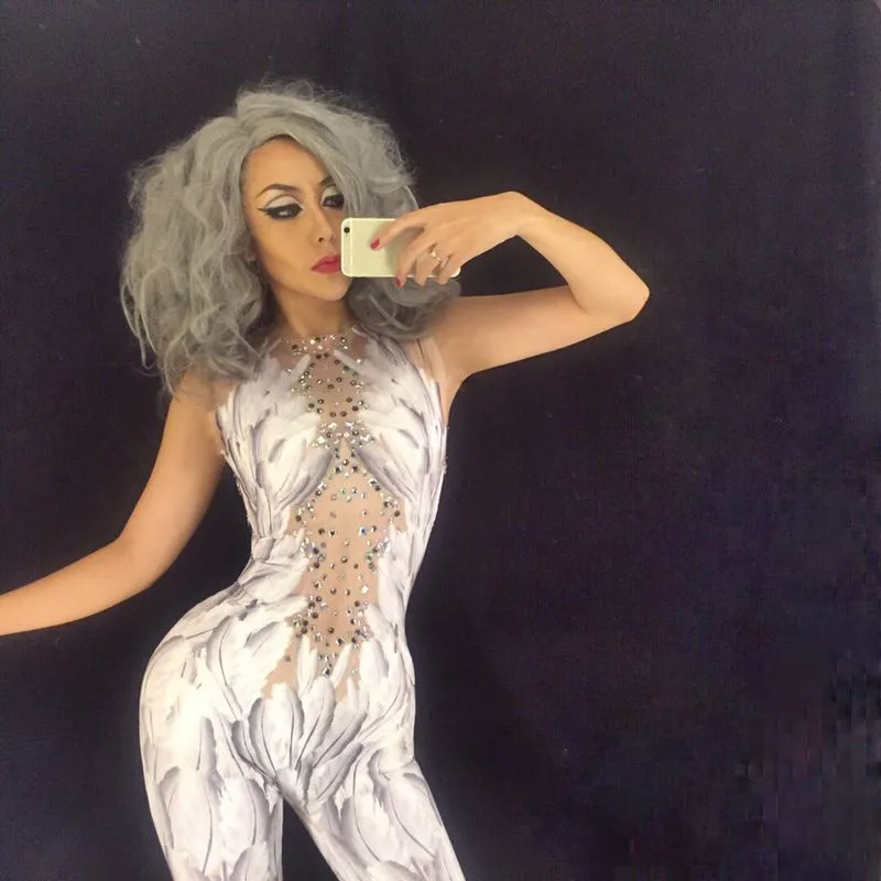 

S49 Ballroom dance costumes stage show wears feather print jumpsuit dj bodysuit club performance cloth singer dress outfit bar