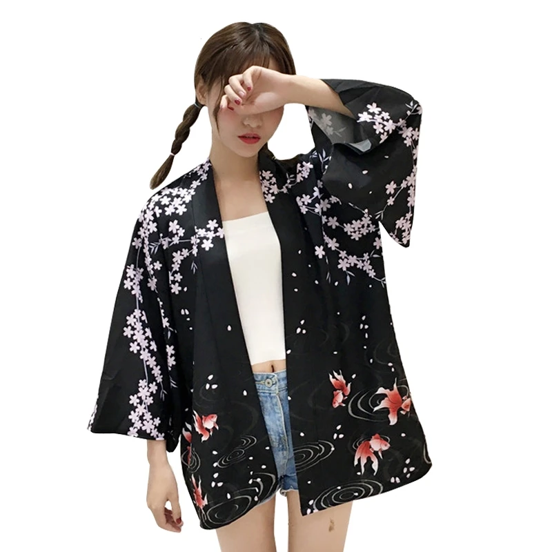 

2019 New Arrivals Women Jackets Retro Flowers Goldfish Printing Kimono Sunscreen Student Casual Wild Cardigan Jacket