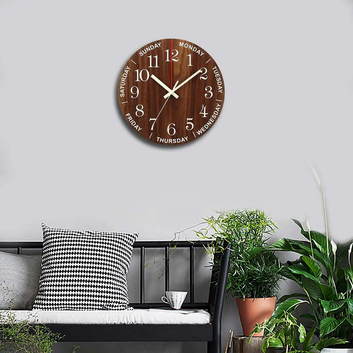 Горячие Светящиеся Настенные часы 12 дюймов деревянные бесшумные кухонные настенные часы с ночными огнями для внутренней/наружной гостиной