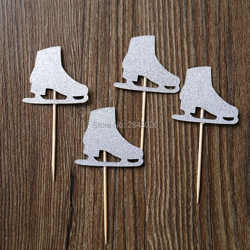 Ice Skate Cupcake Toppers in Silver Glitter Paper Set of 12 Ice Skate Cupcake Toppers in Silver Glitter Paper Set of 12