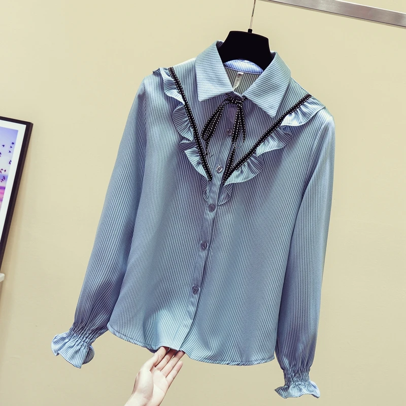 

2019 New Autumn Women Shirts Bowlt Full Sleeve Chiffon Take A Cravat Agaric Base Blouse Shirt White Pink Blue 353
