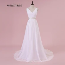 Weilinsha Plus Size A Linha de Vestidos De Noiva Baratos Em Estoque Chiffon Beading Apliques Plissados Sexy Open Back Vestido de Noiva