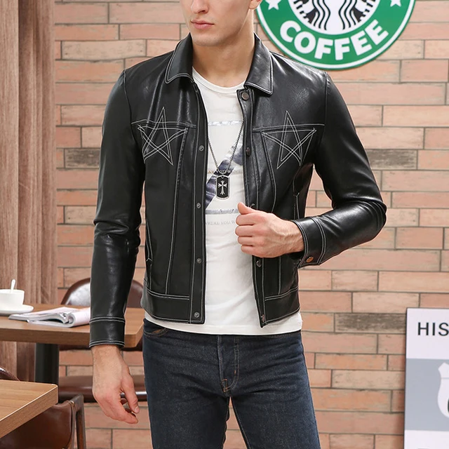 2017 New Fashion Line Pure Black Leather Jacket Locomotive