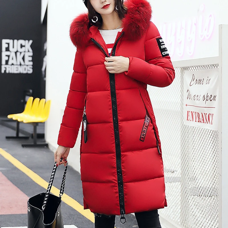 

Fashion Warm Winter Jacket Women Big Fur Thick Slim Overcoat Female Zipper Pockets Hooded Coat Down Parkas Long Outerwear