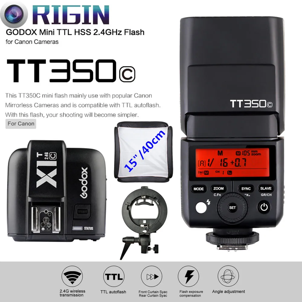 

Godox Mini Speedlite E-TTL TT350C High Speed 1/8000s GN36+2.4G wireless Power Trigger X1T-C+S-type Bracket+Softbox Kit For Canon