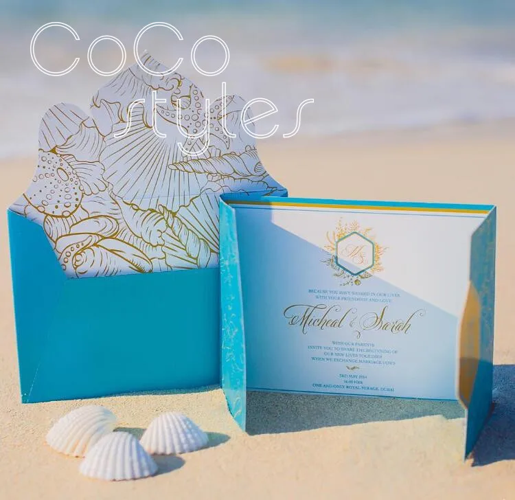  Cocostyles bespoke romantic foiling printing sea style design invitation card with match envelope f - 32890109467