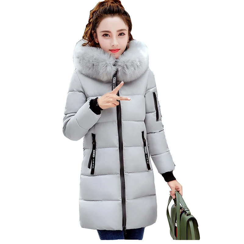 #*Cheap Medium long down cotton coat female 2019 winter slim thicken warm hooded jacket ladies plus size fur collar coat down jackets