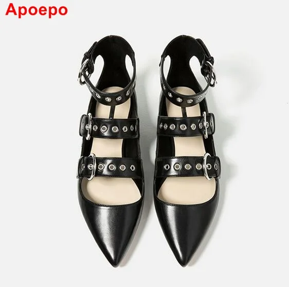 

Hot Selling Black Leather Pointed Toe Ankle Strap Rivet Flat Shoes For Women High Quality Buckle Ballet Flats Gladiator Shoes