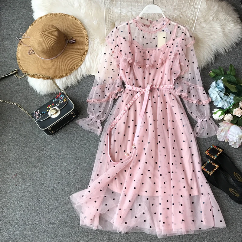 pink polka dot ruffle dress