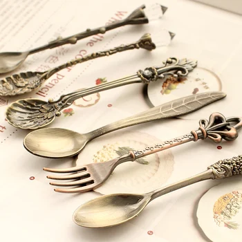

6pcs New European Royal style vintage retro fruit fork carved stirring coffee spoon kitchen accessories tea