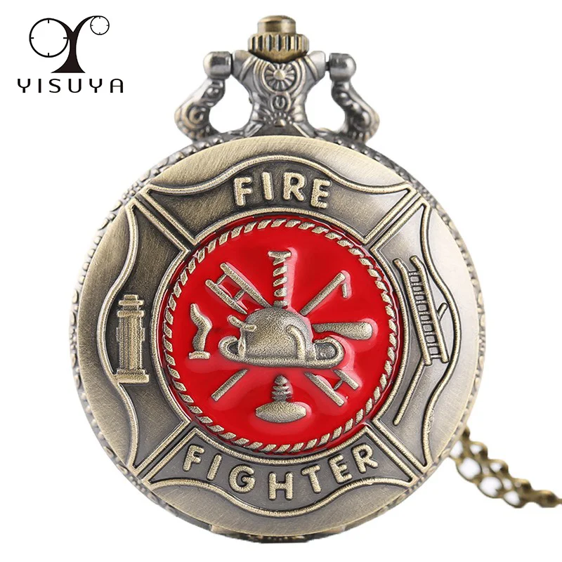 

Unique Firefighting Design Pocket Watch Bronze Copper Quartz Analog for Firefighter Watches with Necklace Chain Best Watches