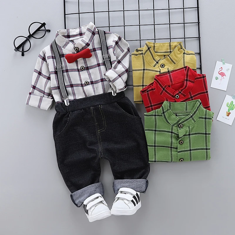 

New kids long sleeve Plaid shirt+belt trousers 2pcs/set baby boys girls clothing Children Spring Autumn clothes sets