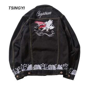 

Tsingyi Embroidery Eagle and Cloud Men Denim Jacket Black Jeans jackets Men Bomber Jacket Long Sleeve Hip Hop Hombre Coats