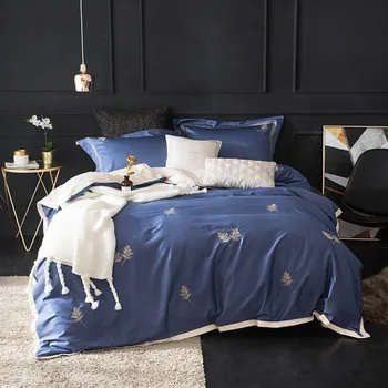 

Egyptian Cotton Embroidered White Blue Luxury Bedding Set Duvet Cover Bed Linen Bed sheet Pillowcases 4pcs King Queen Size