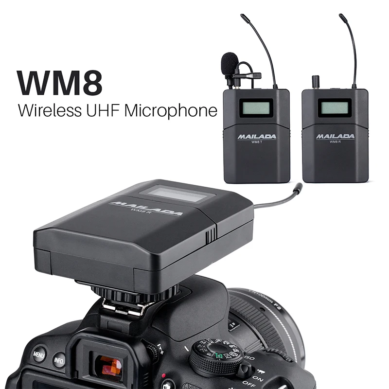 

Mailada WM8 UHF Lavalier Lapel Mic DSLR Camera Recording Mic Wireless Interview Condenser Microphone System for iPhone Recorder