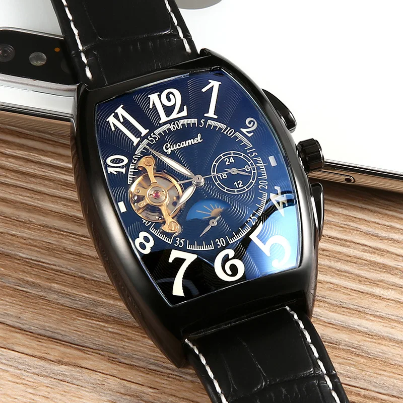 GUCAMEL Tourbillon Платье Мужские часы в деловом стиле Роскошные Tonneau деловые часы для мужчин водостойкий кожаный мужской reloj hombre