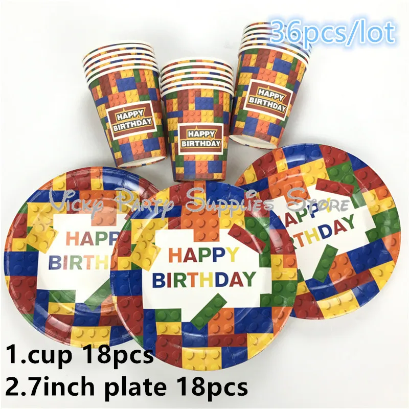 36pcs/lot Kid's Toy Building Blocks Disposable Tableware Lattice Happy Birthday Baby Shower Cup Plate Party Decoration Supplies
