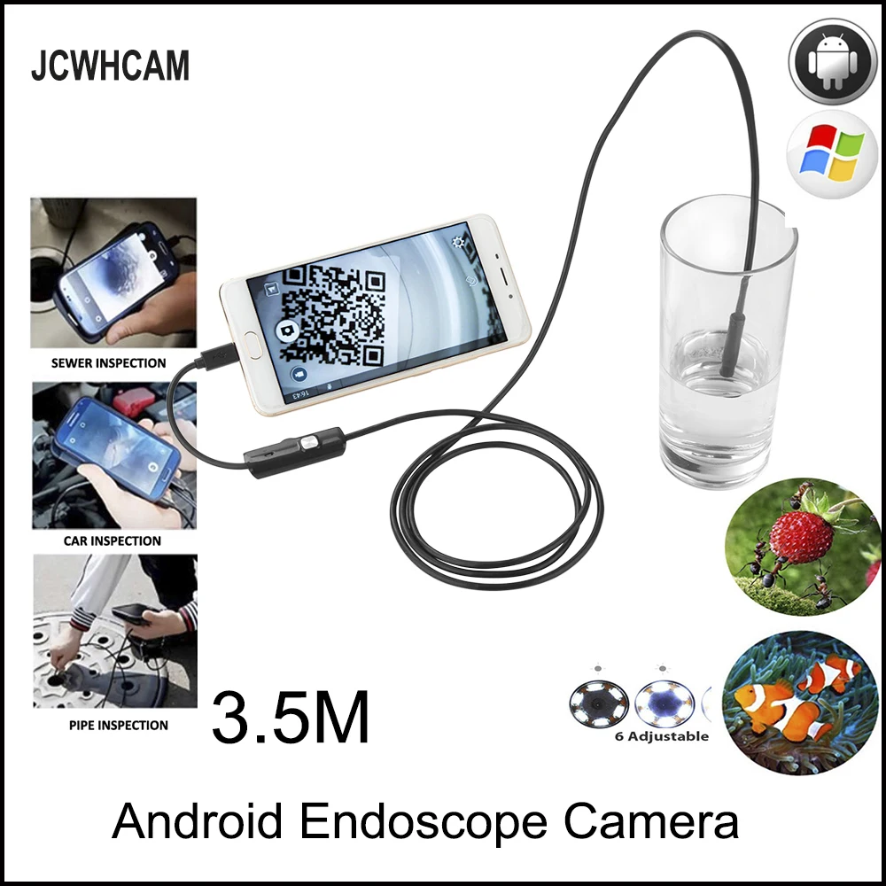 JCWHCAM Endoscope Android Camera HD 720P 8mm 5M Snake Tube Inspection Camera Car Endoscope USB Flexible Camera Waterproof