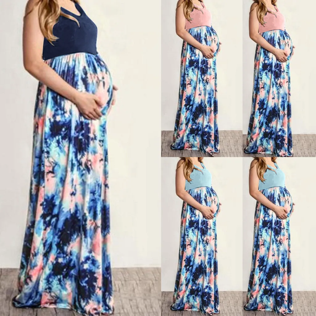 

Pregnancy Long Dress Women's Maternity Floral Print Strap Sleeveless Splicing Dresses Robe Grossesse Photography Props S-2XL