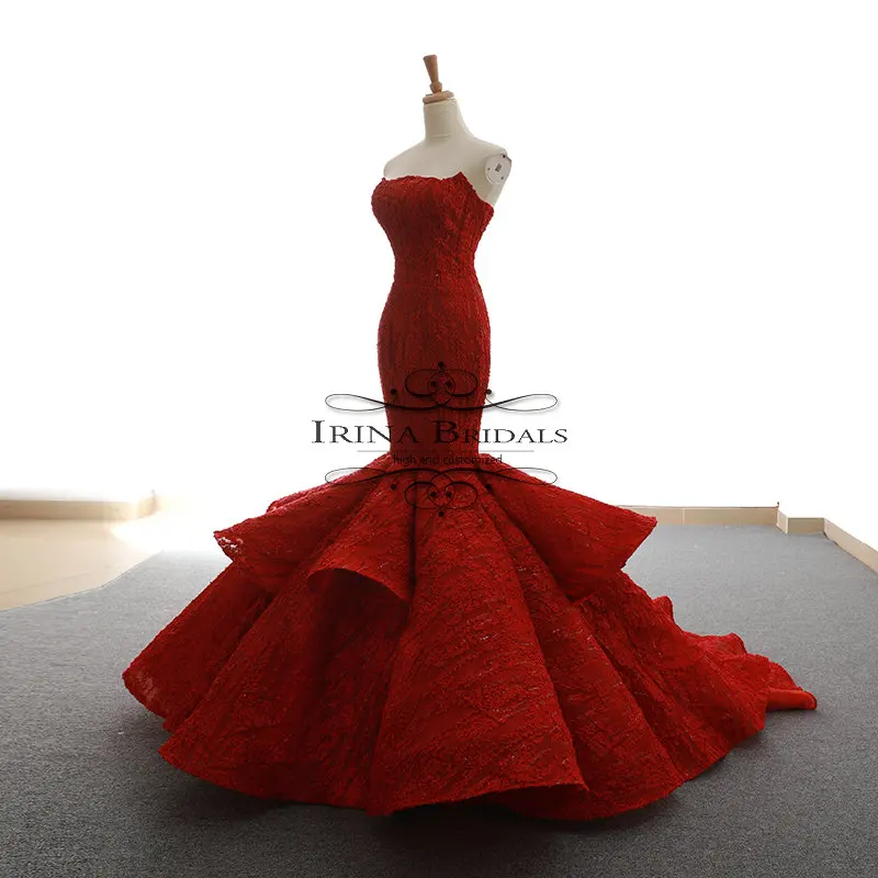 Robe mariage без бретелек кружева плиссированные Русалка красное свадебное платье