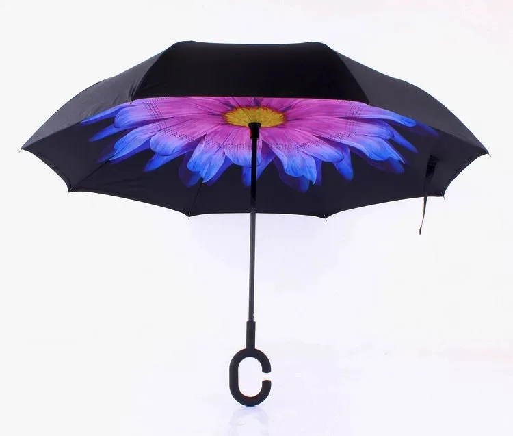 

Fashion Windproof Reverse Folding Double Layer Inverted Rain Umbrella Self Stand Rain Protection C-Hook Hands For Car