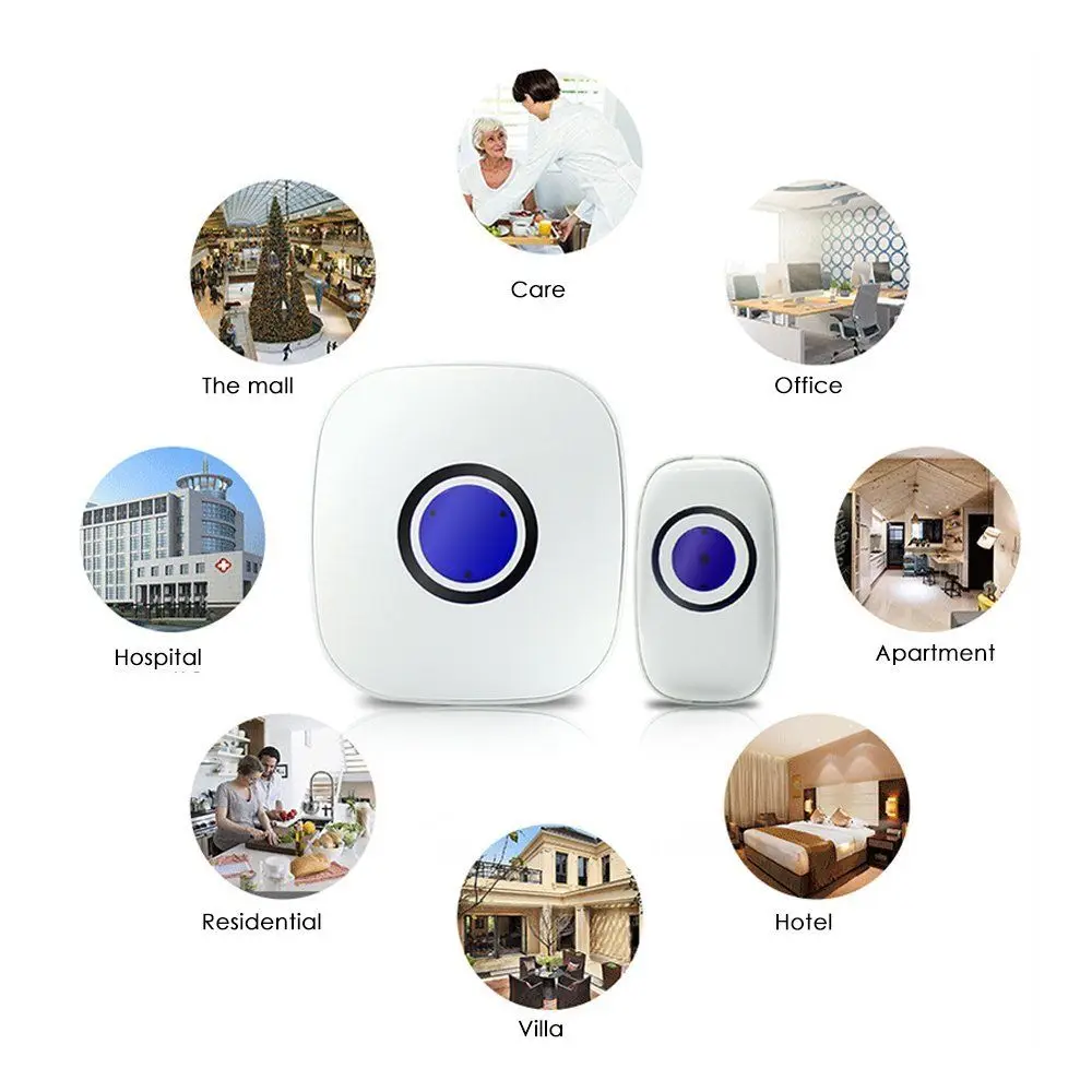 

Waterproof Wireless Doorbell 120M Remote Call US Plug Smart Door Bell 38 Song Home Safety 1 transmitter 1 Receivers 12-volt 23A