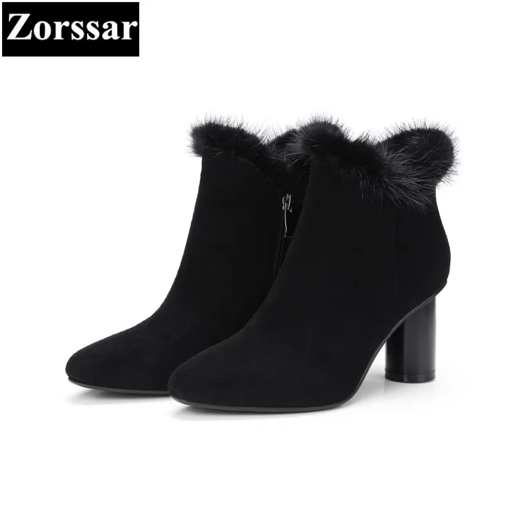 

{Zorssar} 2018 NEW winter woman shoes fashion Genuine Leather Rabbit hair Pointed toe high heel ankle boots women snow boots