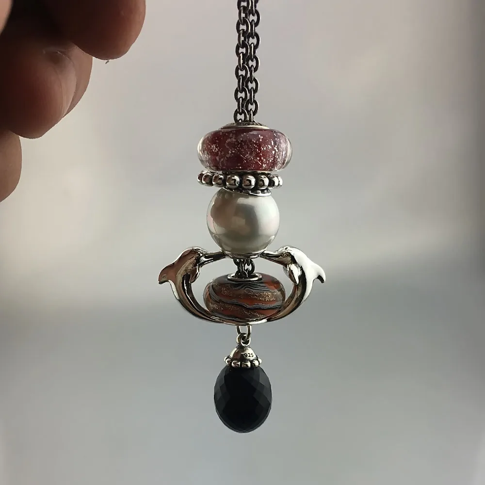 Black Agate Pendant Necklace Of Onyx Stones Fit Troll European Charms 925 Sterling Silver Beads DIY Jewelry Gift For Woman (8)