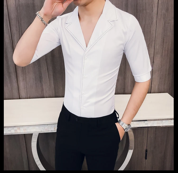 Solid Color Seven-quarter Sleeve Shirt Man Kemeja Pria Camisa Masculina Suit Collar Casual Style Half Sleeve Mens Camisa Hombre