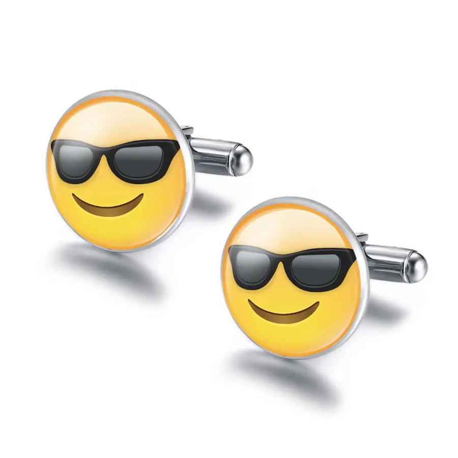 

Emoji Pattern Silver Color Simle Glass Cabochon Round Cuff Links for Men Shirt High Quality French Cuff-Button Gift for Men
