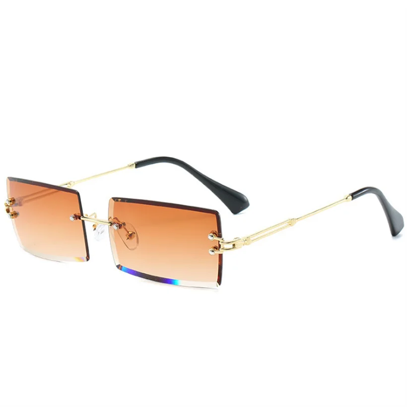 YOOSKE Rimless Sunglasses Women Fashion Small Rectangle Sun Glasses Ladies Brand Designer Vintage Black Green Pink Eyeglasses - Цвет линз: Коричневый