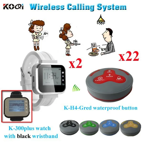 K-300plus+K-H4-Gred 2+22 Wireless Waiter Pager System For Restaurant Supermarket And So On 22pcs Of Table Button And 2 pcs Of Wrist Watch Reciever