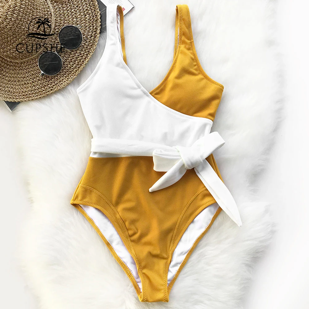 Billig Cupshe Gelb Und Weiß Colorblock einteiliges Badeanzug Frauen Patchwork Gürtel Bogen Monokini 2020 V ausschnitt Strand Badeanzug Bademode
